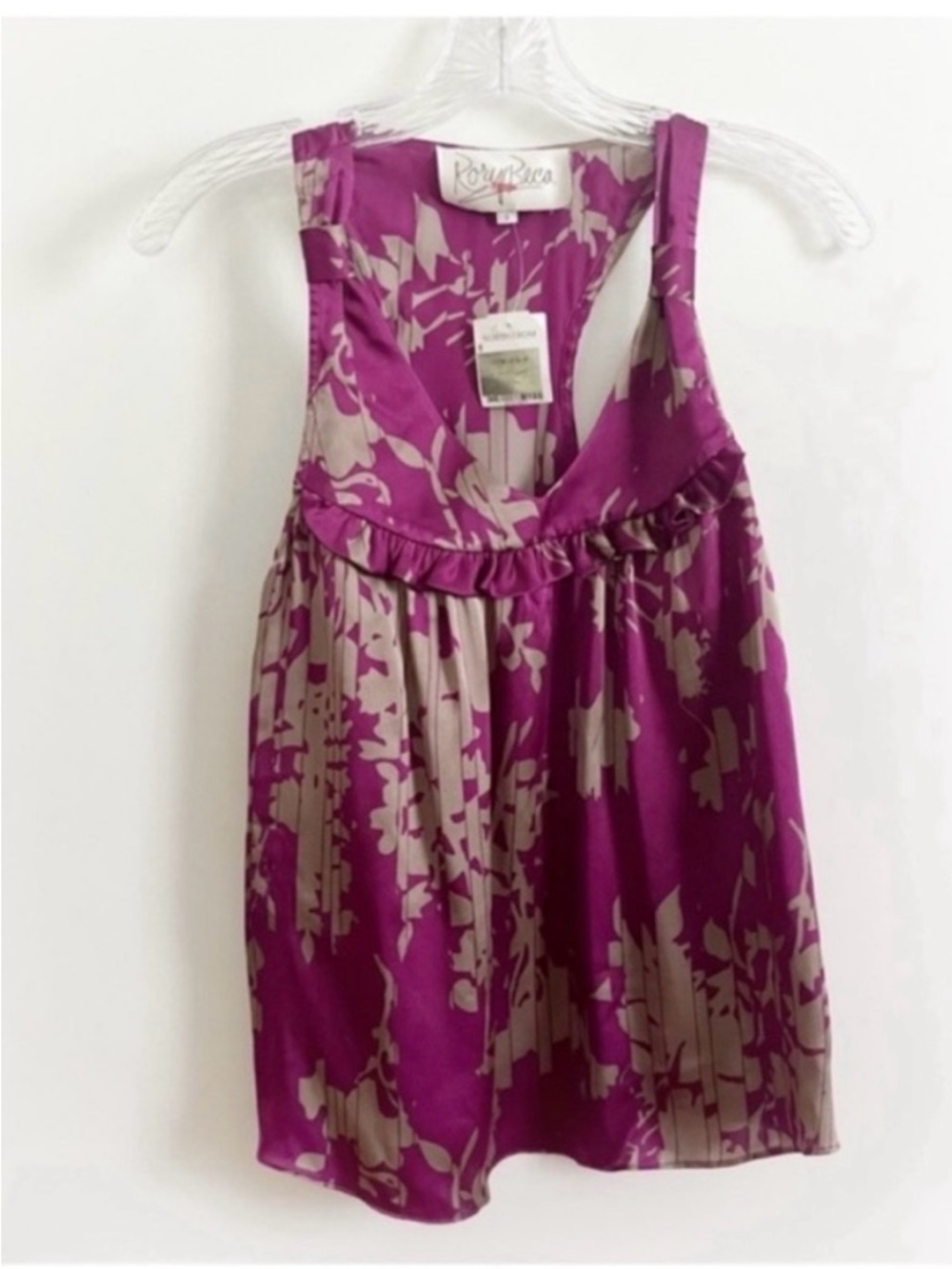 Rory Beca tank top purple floral ruffle sleeveless racerback silk flowy